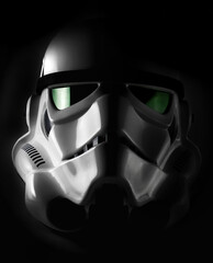 Naklejka premium NEW YORK, USA - NOV 7 2015: Studio portrait of an EFX brand Star Wars ANH Stormtrooper helmet with dramatic lighting. The Star Wars franchise is owned by Disney