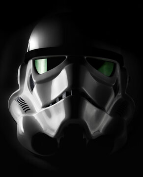 NEW YORK, USA - NOV 7 2015: Studio portrait of an EFX brand Star Wars ANH Stormtrooper helmet with dramatic lighting. The Star Wars franchise is owned by Disney
