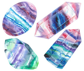 Fototapeta premium Colorful mineral Fluorite stone set. Rainbow fluorspar crystals isolated on white background