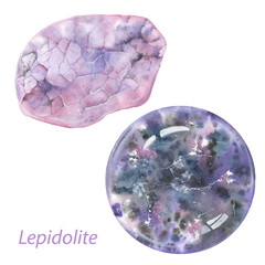 Polished purple lepidolite gemstone and sphere isolated on white background. Healing crystal. Third eye chakra stone