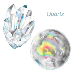 Quartz crystal healing, watercolor rock mineral, hand drawn illustration of gemstone isolated on white background