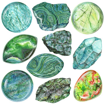Heart chakra stones set. Close up illustration of green gems drawn by hand with watercolor. Healing crystals Amazonite, Aventurine, Malachite, Jade, Prehnite, Unakite