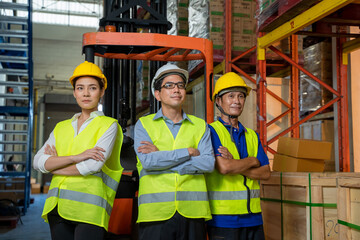 Portrait of warehouse worker standing at large warehouse,Staff meeting concept.