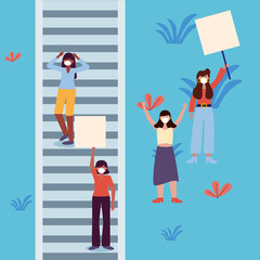 Women with masks and banners boards at stairs vector design