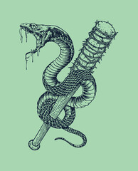 Vector illustration of snake wrapped in baseball bat with barbed wire.