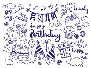 Happy Birthday background. Hand-drawn Birthday sets, party blowouts, party hats, gift boxes and bows, garlands and balloons and firework, candles on birthday pie.