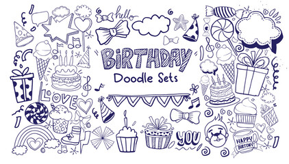 Happy Birthday background. Hand-drawn Birthday sets, party blowouts, party hats, gift boxes and bows, garlands and balloons and firework, candles on birthday pie.