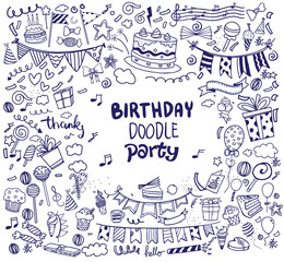 Happy Birthday background. Hand-drawn Birthday sets, party blowouts, party hats, gift boxes and bows, garlands and balloons and firework, candles on birthday pie.