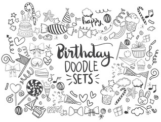 Happy Birthday background. Hand-drawn Birthday sets, party blowouts, party hats, gift boxes and bows, garlands and balloons and firework, candles on birthday pie.
