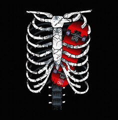 Vector illustration of rib cage with skateboard inside.