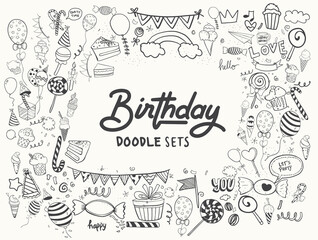 Happy Birthday background. Hand-drawn Birthday sets, party blowouts, party hats, gift boxes and bows, garlands and balloons and firework, candles on birthday pie.