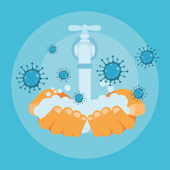 Hands washing under water tap and covid 19 virus vector design