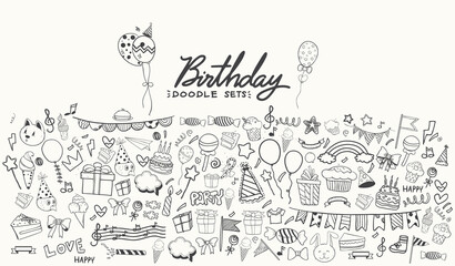 Happy Birthday background. Hand-drawn Birthday sets, party blowouts, party hats, gift boxes and bows, garlands and balloons and firework, candles on birthday pie.