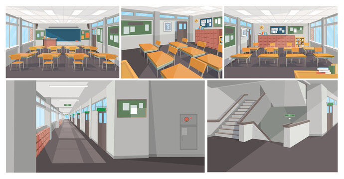 School interior background illustration. Panoramic views of classrooms, hallways and stairs from multiple angles