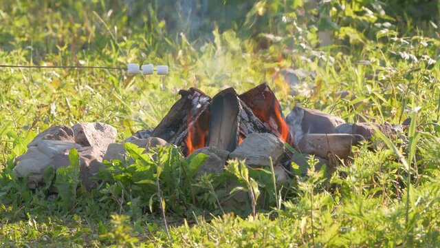 Cooking marshmallow over the camp fire at sunset, filmed with a super tele lens in UHD