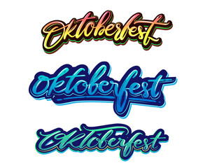 sets of Oktoberfest logotype. Beer Festival vector banner. Illustration festival design on white background. Blue, red, magenta and green white lettering typography for logo, poster, card, postcard