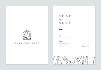 Minimalist wedding invitation card template design, flower line art ink drawing on white