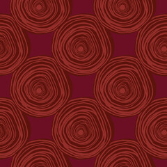Abstract spirals seamless pattern on red. Creative sketch circle background. Hand drawn curved lines wallpaper.