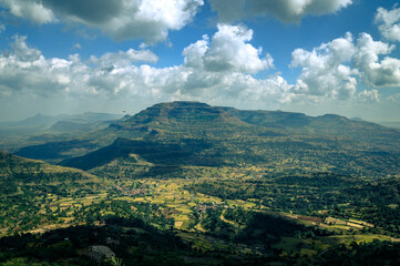 Scenic view hills, lakes, farmlands  from Kalsubai Peak the Highest point of the Sahyadris (1646 M) range