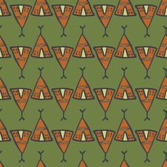 Geometric hand drawn teepee seamless pattern on green background. Doodle style. Tribal wallpaper.
