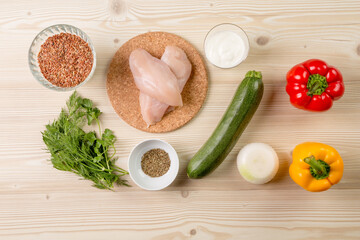 Ingredients for brown rice and chicken stuffed peppers