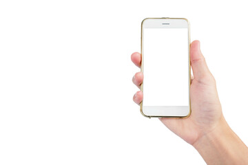 smartphone with white screen in hand with showing isolated on white background with wear gold case
