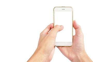 smartphone with white screen in hand for using in technology isolated on white background