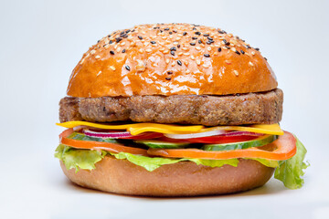 hamburger with cutlet, onion, tomato, chees and cucumber