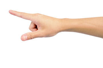 hand of man is point gesture for press button isolated on white background