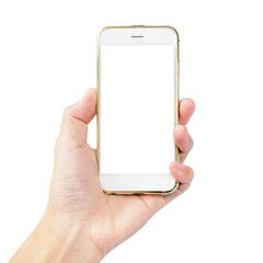 left hand is hold smartphone with gold case isolated on white background