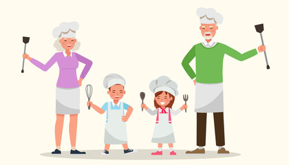 Happy family cooking together character vector design.