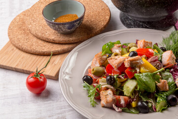 diet salad red fish with vegetables and olives