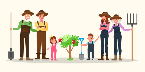 Happy family gardening together character vector design.