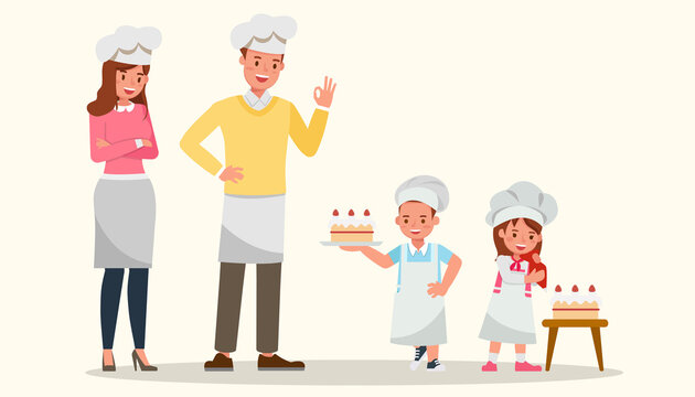 Happy family cooking together character vector design.
