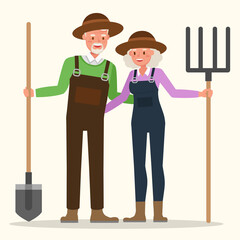 Happy family grandfather and grandmother gardening together character vector design.