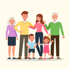 Happy family people mother, father, grandparents and children together character vector design.