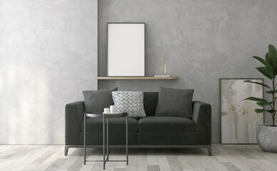modern living room with a black couch and a blank frame, 3d rendering