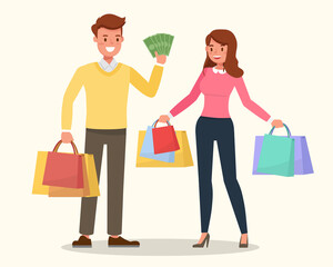 Happy family, couple shopping together character vector design.