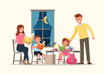 Happy family, father and mother reading a book with children character vector design.