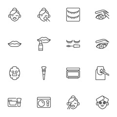 Make-up and cosmetic line icons set, outline vector symbol collection, linear style pictogram pack. Signs, logo illustration. Set includes icons as lipstick, eyeshadow, woman face, eyebrow, manicure