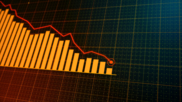 Bar chart plummeting / fall / drop / decreasing over time. Business loss falling down. High tech style glowing detailed illustration.