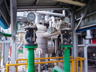 Pressure gauge of measuring instrument close up in industry zone at power plant.