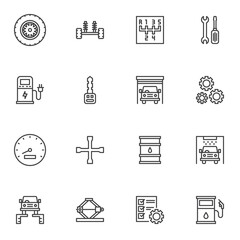 Car service line icons set, outline vector symbol collection, auto repair linear style pictogram pack. Signs, logo illustration. Set includes icons as battery charge, gearbox transmission, car garage