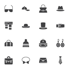 Clothing accessories vector icons set, modern solid symbol collection, filled style pictogram pack. Signs, logo illustration. Set includes icons as headgear, hat, cap, sunglasses, scarf, bag, belt