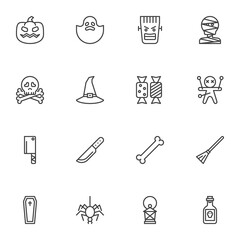 Happy Halloween line icons set, outline vector symbol collection, linear style pictogram pack. Signs logo illustration. Set includes icons - pumpkin, ghost, voodoo doll, spider, coffin, candies, skull