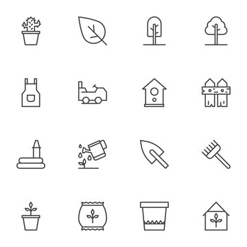 Gardening line icons set, outline vector symbol collection, linear style pictogram pack. Signs, logo illustration. Set includes icons as houseplant, tree, apron, shovel, rake, watering hose, seed bag