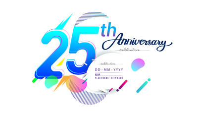 25th years anniversary logo, vector design birthday celebration with colorful geometric background, isolated on white background.