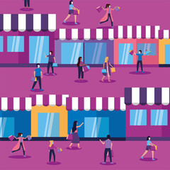 Women and men with masks bags and stores vector design