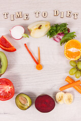 Fruits and vegetables in shape of clock showing time to diet, healthy eating containing vitamins
