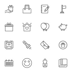 Promotional line icons set, outline vector symbol collection, linear style pictogram pack. Signs, logo illustration. Set includes icons as gift box bonus, shopping bag, water bottle, school bag, apron